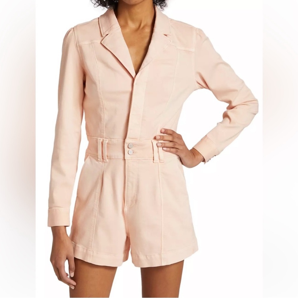 PAIGE Meg pink denim romper zip front shorts long sleeve size 10 NWOT